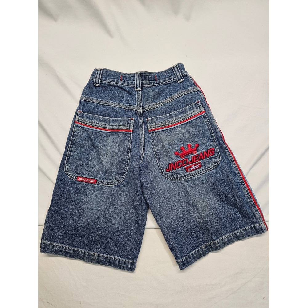 JNCO Jeans Denim Shorts Boys Size 8 Medium Wash Red Side Stripe Crown Logo 90s